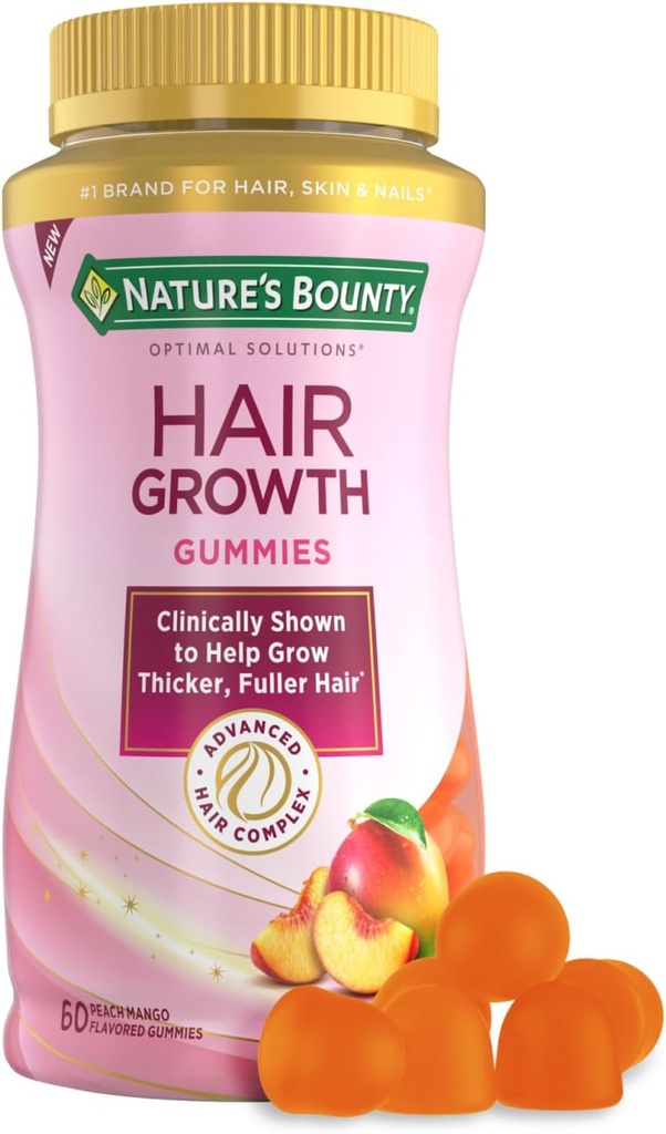 Nature's Bounty Hair Growth Gummies for Supporting Saber, Fuller Saç Biotin, Silikon & Arginine, Peach Mango Flavor – Gluten Free, Contains No Lactose, sodyum veya Fish, 60 Count/30 Hizmetler