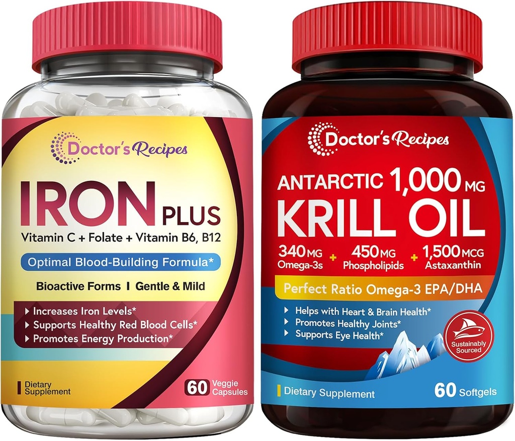 Doktor'un Demir Tarifleri İronik ve Krill Oil Sche, Blood & Energy Support, Ortak, Beyin ve Eye Health Support, No Gluten, Probiyotiks (60 Capsules) & Krill Oil (60 Softgels)