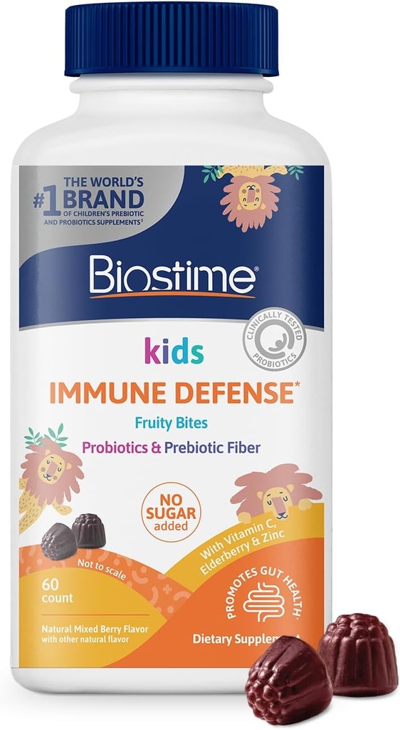 Biostime Kids bağışıklık desteği dişilleri / (Ages 4+) | Vitaminler D&C + çinko & Probiyotikler | Eklenmemiş Sugar |Kids Immune Defense Fruity Bites | Top 9 allergens | 60