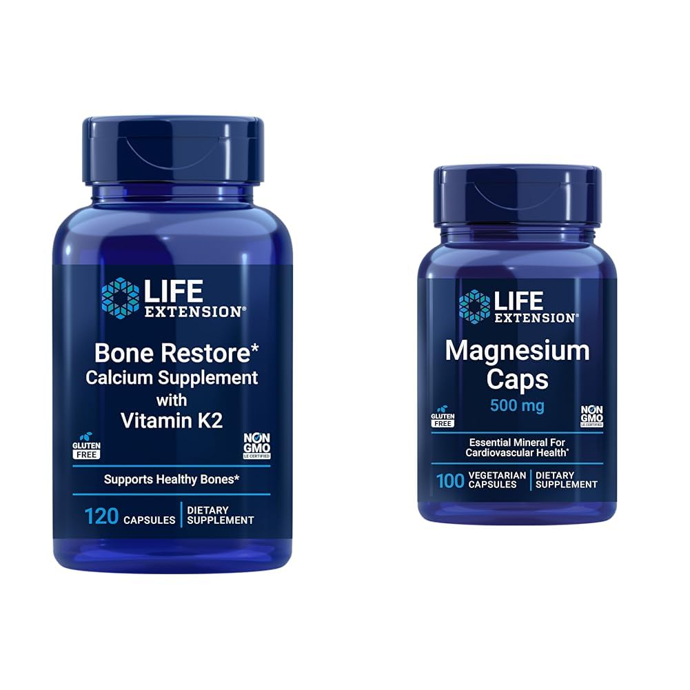 Life Extension Bone Restore + Vitamin K2 Vitaminler ve Mineraller Bone Health & Strength & Magnezyum Caps, 500 mg, Magnezyum Oksit, Citrate, Succinate, Kalp Sağlığı, Sağlıklı Bones