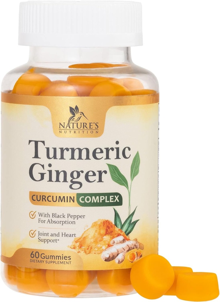 Turmeric Curcumin Supplement Gummies - Turmeric & Ginger, Black Pepper For Best Abors, Nature's Vegan Ortak Destek, Non-GMO, Gluten Free, Tasty Peach Flavor - 60 Gummies