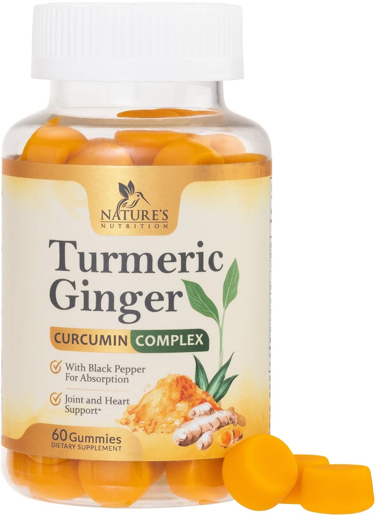 Turmeric Curcumin Supplement Gummies - Turmeric & Ginger, Black Pepper For Best Abors, Nature's Vegan Ortak Destek, Non-GMO, Gluten Free, Tasty Peach Flavor - 60 Gummies