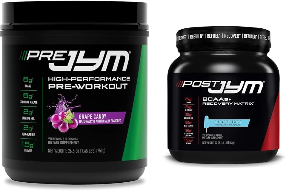 Pre JYM Grape Candy Pre Workout, Post JYM Active Matrix Post-Workout with BCAAs, Kretine HCI, Beta-Alanine | 30 Hizmet
