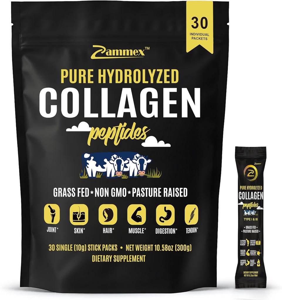 Premium Collagen, Toz, 30 Sticks Travel Packets (Type I, III), Unflavored Collagen Protein Tozu Go, Hydrolyzed Collagen, for Skin Hair Nail Joint, 10g per Service, Paleo & Keto
