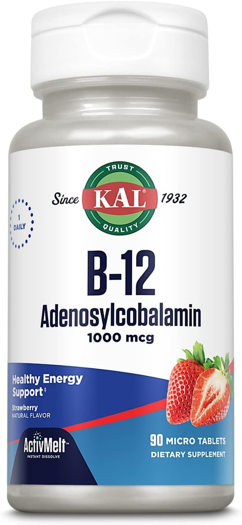 KAL Βιταμίνη B12 Αδενοσυλοκοβαλαμίνη 1000 mcg - B 12 Βιταμίνη, Ενεργή B-12 1000mcg για γυναίκες & άνδρες, Ενεργειακή Υποστήριξη - Flavor Φράουλα - 90 ActiveMelt Micro Tablets