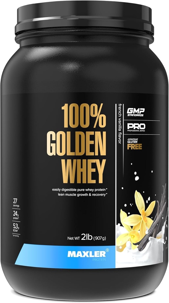Maxler% 100 Golden Whey proteini - Servis başına protein 24g - Pre Post Workout için Premium Whey Protein Tozu - Hızlı Nisorbing Whey Mekaniklü Hidrolysate - Fransız Vanilla Protein 2lb
