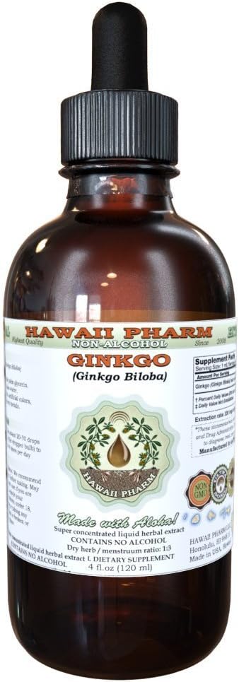 Ginkgo Alkol Özgür Sıvı Ekstraksiyon, Organik Ginkgo (Ginkgo Biloba) kuru Leaf Glycerite Hawaii Pharm Natural Herbal Supplement 4 oz