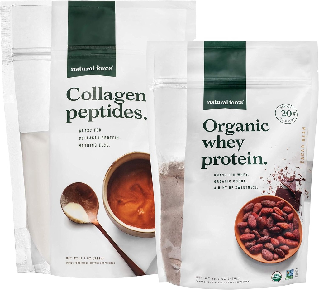 Doğal Kuvvet Temiz, Grass Fed Collagen Bag + Çikolata Organik Whey Proteinleri - Organik, GMO Whey Protein ve Hydrolyzed Tip I ve III Collagen - 15.2 Ounce Bag ve 11.7 Ounce Bag