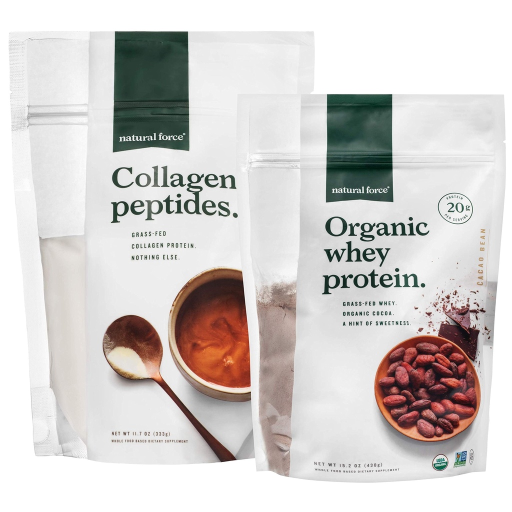 Doğal Kuvvet Temiz, Grass Fed Collagen Bag + Çikolata Organik Whey Proteinleri - Organik, GMO Whey Protein ve Hydrolyzed Tip I ve III Collagen - 15.2 Ounce Bag ve 11.7 Ounce Bag