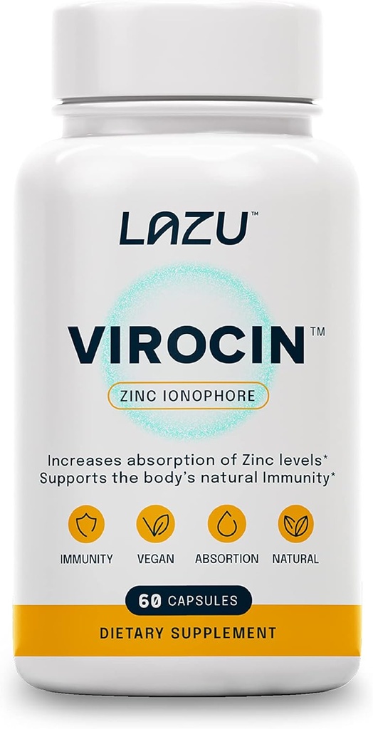 Lazu Virocin - çinko Supplement - çinko Ionophore | çinko, C vitamini, Vitamin D3 | Geliştirilmiş Immune Desteği ve Hızlı Aborpsiyon | 60 Capsules