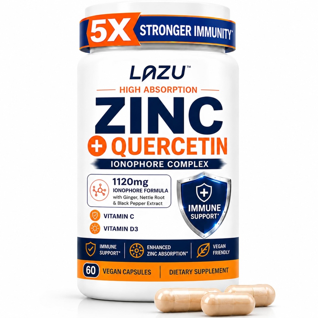 Lazu Zinc Supplements 5X Stronger Immunity, Quercetin, VIT C & D3, 60 Count