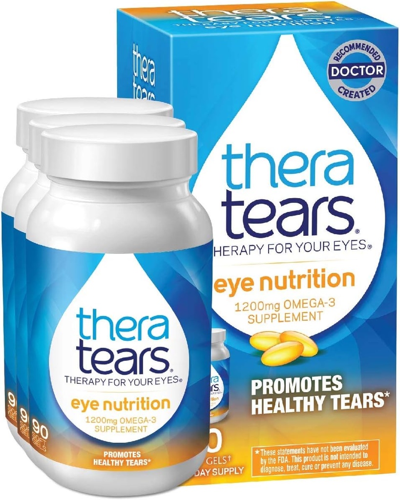 TheraTears 1200 mg Omega 3 Supplement for Eye Beslenme, Organik Flaxseed Triglyceride Fish Oil and Vitamin E, 90 Count (Pack of 3)