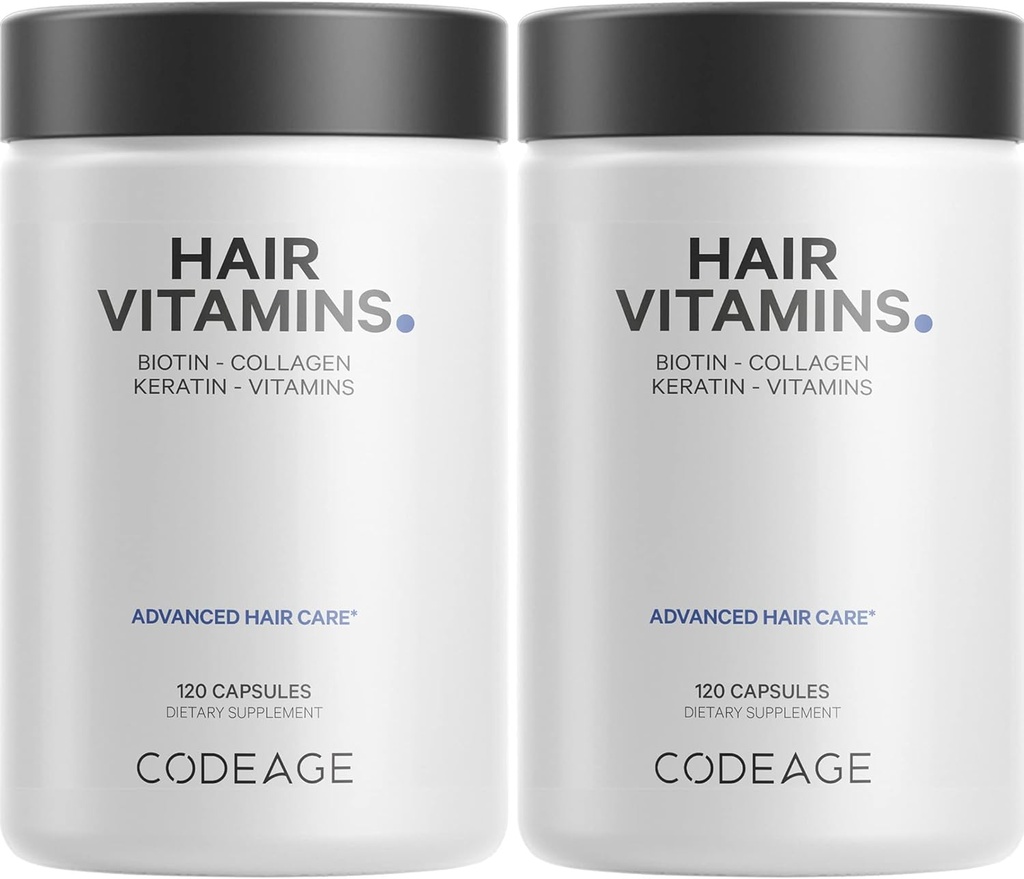 Codeage Βιταμίνες μαλλιών 10000 mcg Βιοτίνη, Κερατίνη, Κολλαγόνο, Βιταμίνη Α, B12, C, D3, E, Ψευδάργυρος, Κουρκουμάς, Προβιοτικά, Ένζυμα, Ινοσιτόλη - Υποστήριξη για την περιποίηση των μαλλιών - Υγιή χάπια συμπλήρωμα μαλλιών - 2 Pack