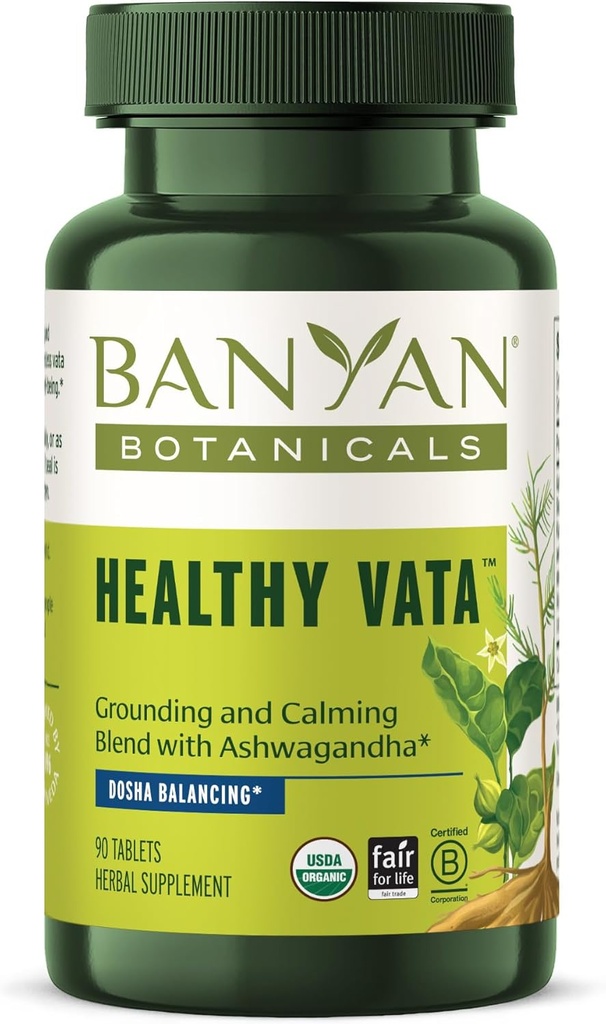 Banyan Botanikleri Sağlıklı Vata – Organik Herbal Supplement Ashwagandha, Shatavari & Other Ayurvedic Herbs for Calm and Balanced Well-Being* – 90 Tablet – Non-GMO Sustainable Sourced Vegan