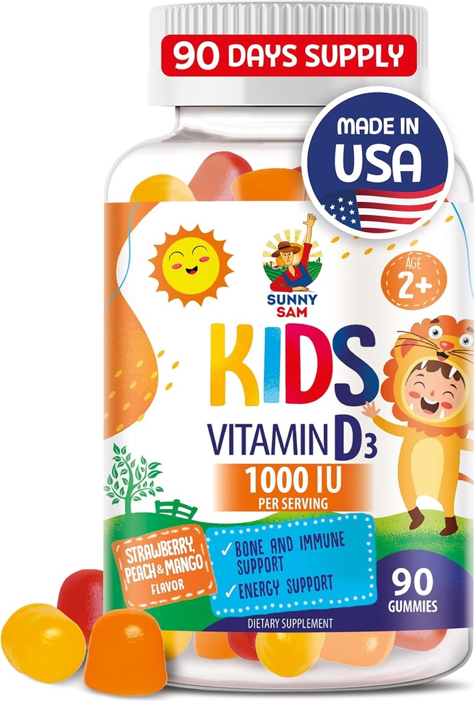 SUNNY SAM Vitamin D3 Gummies 1000 I for Kids & Yetişkinler - Immune Support Chews with Natural Flavor - Vegetarian, Gelatin-Free Immune Support Vitamins for Children