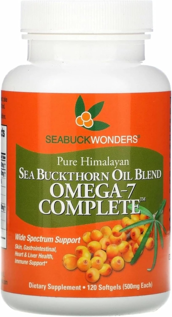 SeabuckWonders Organic Sea Buckthorn Oil, Omega-7 Complete Softgels, 120 Count, with Omega 3, 6 & 9, Supports Hair, Skin & Nail Health, 1000mg per Serving