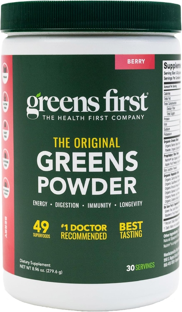 Greens First Original Greens Toz - 49 Superfoods - Organik Meyveler & Veggies - Prebiyotikler, Probiyotikler & Digestive Enzymes - Antioksidan - Süt Free, Vegan & Non-GMO (Berry, 30 Hizmet)
