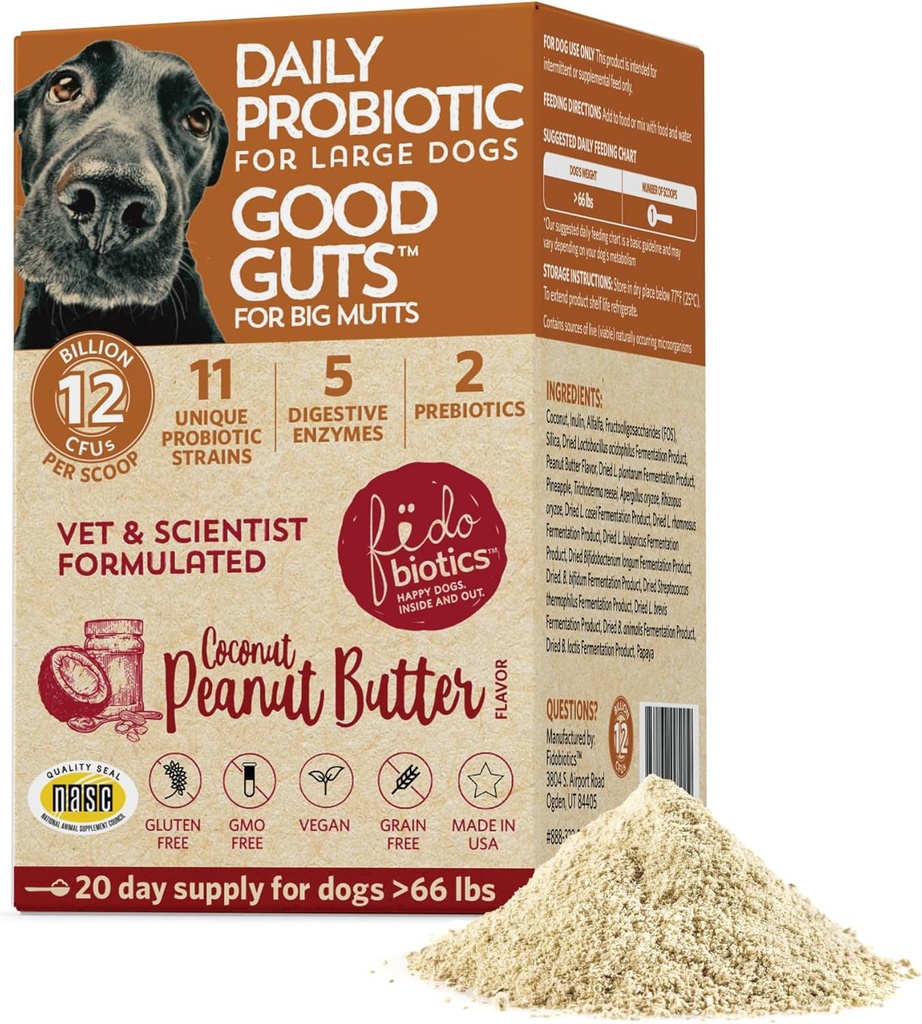 Fidobiotics Good Guts for Big Mutts Probiotic for Dogs, 12 Billion CFUs, 11 Strains, 5 Digestive Enzymes, 2 Prebiotics, Digestive Gut Health for Dogs, Adult & Puppy Probiotics Συμπληρώματα (20 Ημέρες)