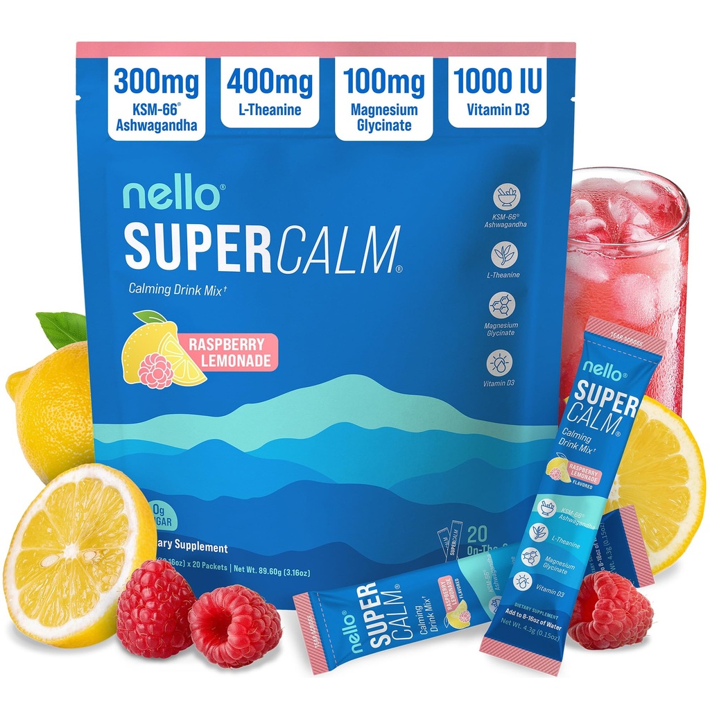 Nello Supercalm Tozlu İçecekler Mix, Raspberry Lemonade, L Theanine, Ksm-66 Ashwagandha, Magnezyum Glycinate, Vitamin D 3, Supplements for Relaxation & Focus, No Sugar, Non GMO, On The Go, 20 Ct