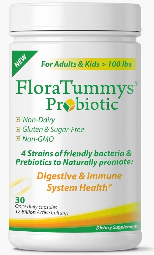 FloraTummys Kadınlar, Erkekler ve Çocuklar için En İyi Probiyotik 12 Milyar CFU, 4 Probiyotik Strains, Prebiyotiks, Non-GMO, Kosher, Non-Dairy, Gluten Free, Sugar Free, Made in the USA
