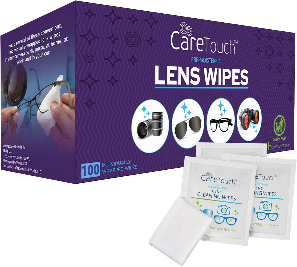 Göz gözlükleri için Touch Lens Wipes - 100 Kont Bireysel olarak Pre- Moistted Wipes, 5 x 6 Perfect- Kamera Lensi, Güneş gözlükleri ve Gözlükleri Daha Temiz, - Optik Cihazların Temizlikları için Animasyon