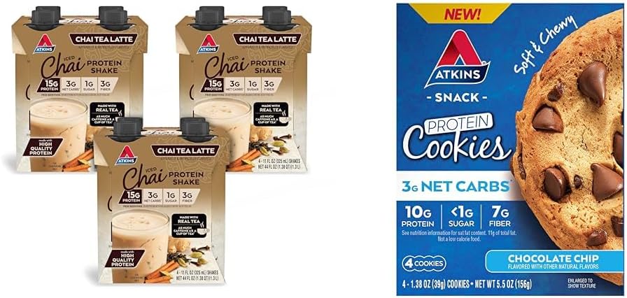 Atkins Chai Tea Latte Protein 15g proteini, 3g Net Carbs, 1g Sugar ve Atkins Chocolate Chip Protein 10g Protein, 3g Net Carbs, 1g Sugar, Keto Friendly, 4 Count