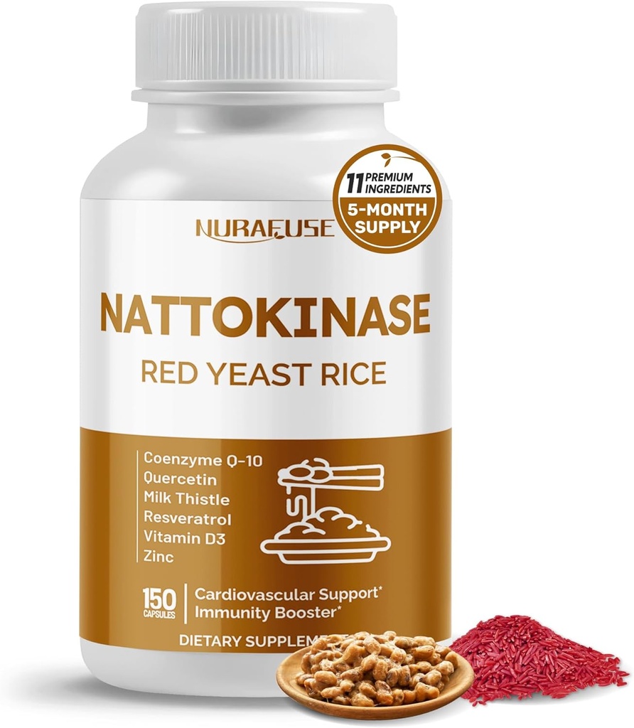 NATTOKINASE 11-in-1 Formula - Red Yeast Rice Coenzyme Q-10 Quercetin, Milk Thistle, Resveratrol - Non-GMO, Gluten-Free, Soy-Free