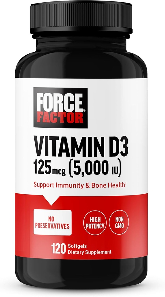 FORCE FACTOR Βιταμίνη D3 5000 IU Softgels, συμπλήρωμα βιταμίνης D υψηλής ισχύος για την υποστήριξη της ανοσίας και της υγείας των οστών, Premium Quality, Χωρίς συντηρητικά, 120 Softgels