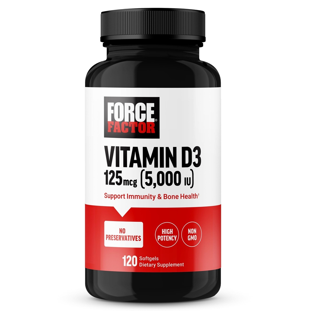 FORCE FACTOR Vitamin D3 5000 İ Softgels, High-Potency Vitamin D Supplement to Support Immunity and Bone Health, Premium Quality, No Preservatives, 120 Softgels