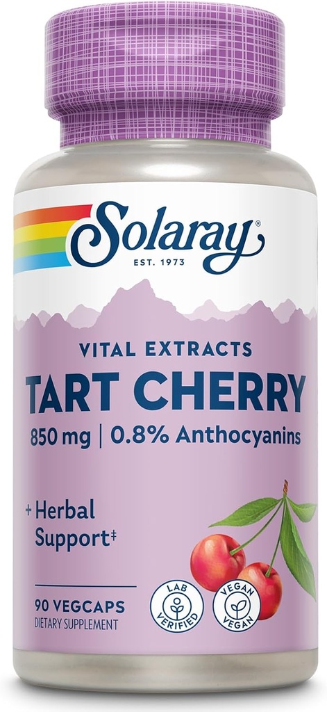 SOLARAY Tart Cherry Capsules 850 mg from Tart Cherries - 0.8% Anthocyanins Plus Ellagic Asit - Wellness Support - Tart Cherry Juice - Vegan, 60 günlük Garanti, 45 Hizmet