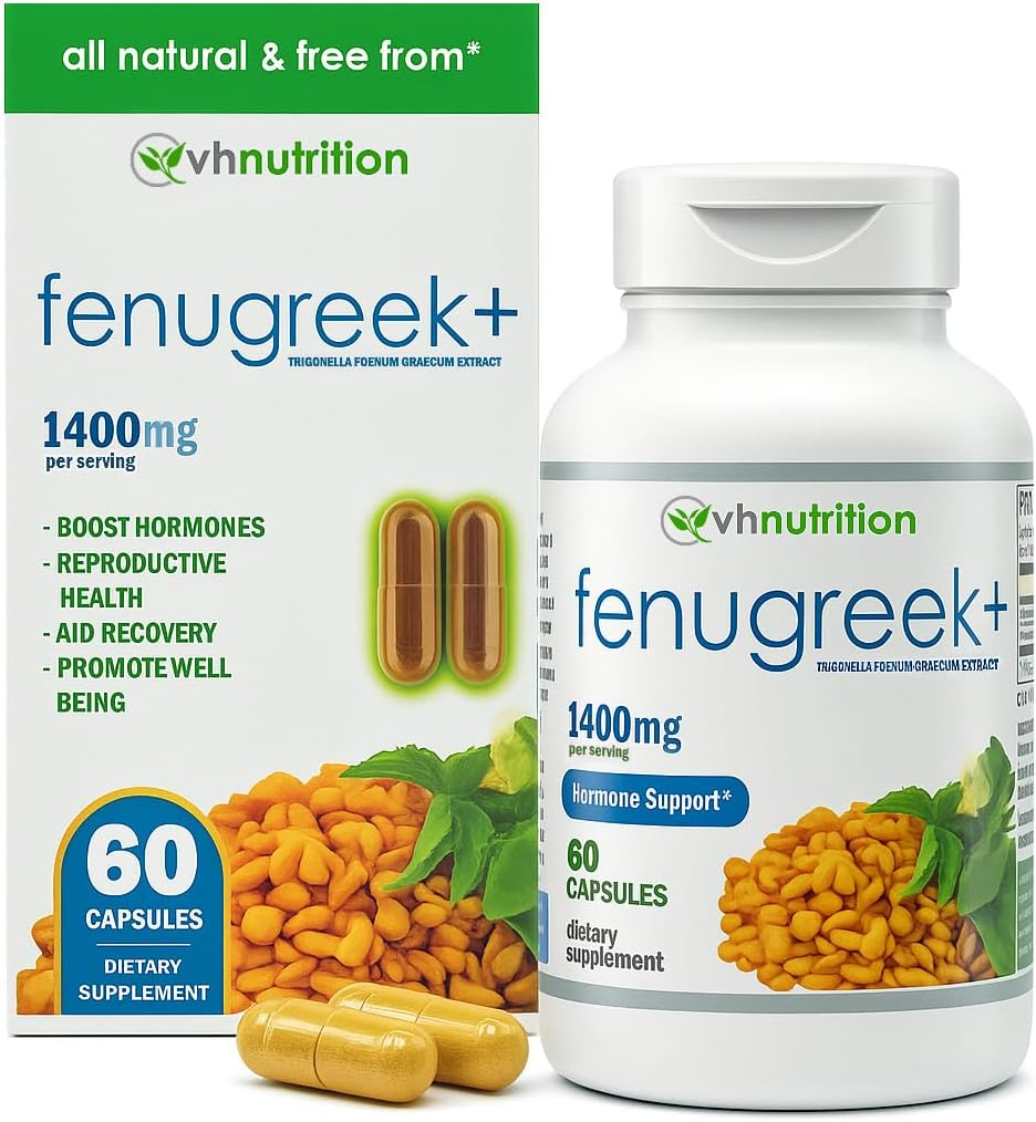 VH Nutrition Fenugreek+ | 1400mg Extra Strength Fenugreek Capsules | Hormonal Balance and Energy Support Supplement for Men & Women | 60 Gluten-Free Capsules