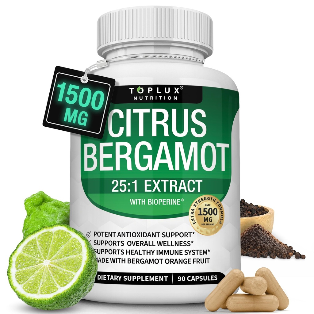 Citrus Bergamot Supplement 1500 mg - 25:1 Bergamot Extract to Support General Health, Immune System, Potent Antioxy High Abors Natural Vegan Non-GMO for Men Women, 90 Capsules