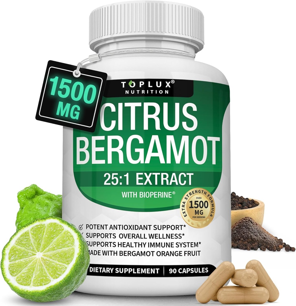 Citrus Bergamot Supplement 1500 mg - 25:1 Bergamot Extract to Support General Health, Immune System, Potent Antioxy High Abors Natural Vegan Non-GMO for Men Women, 90 Capsules