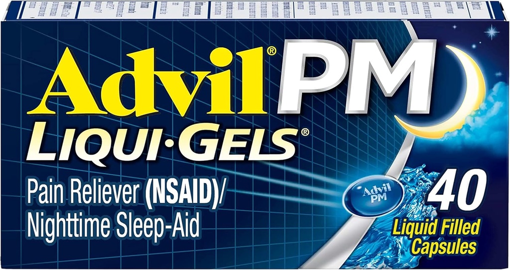 Advil PM Liqui-Gels Pain Reliever ve Nighttime Sleep Aid, Ağrı Yardımı için Ibuprofen for Pain Relief and Diphenhydramine HCL for a Sleep Aid - 40 Liquid Filled Capsules - Back to College