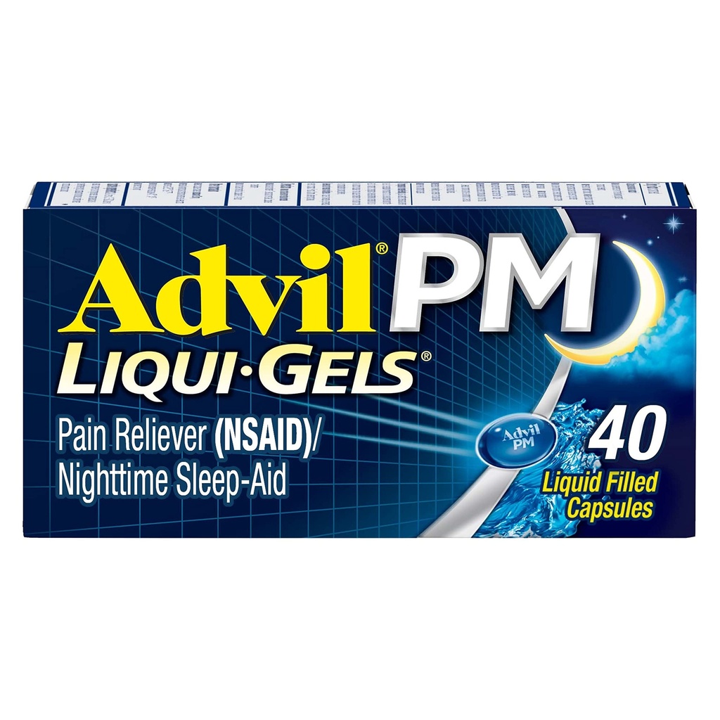 Advil PM Liqui-Gels Pain Reliever ve Nighttime Sleep Aid, Ağrı Yardımı için Ibuprofen for Pain Relief and Diphenhydramine HCL for a Sleep Aid - 40 Liquid Filled Capsules - Back to College