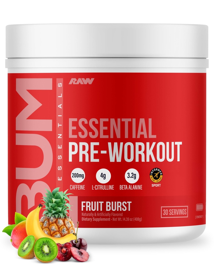 RAW Essential Pre-Workout Toz (Fruit Burst) - Chris Bumstead Sports Nutrition Supplement for Men & Women - Preworkout Energy Toz with Caffeine, L-Citrulline, L-Tyrosine, & Beta Alanine