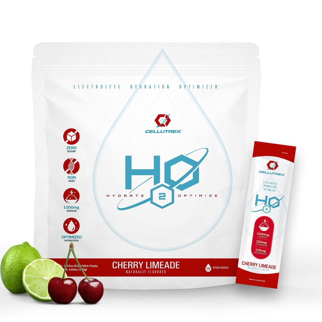 Cellutrex® H2O Electrolytes – Electrolyte Powder Drink Mix, Zero Sugar, Natural Salt Hydration Packets for Recovery and Wellness, Cherry Limeade, 20 Sticks