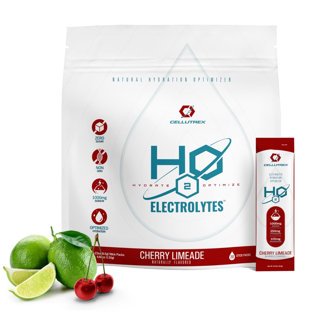 Cellutrex® H2O Electrolytes – Elektrolyte Toz İçecek Mix, Zero Sugar, Natural Salt Hydration Packets for Recovery and Wellness, Cherry Limeade, 20 Sticks