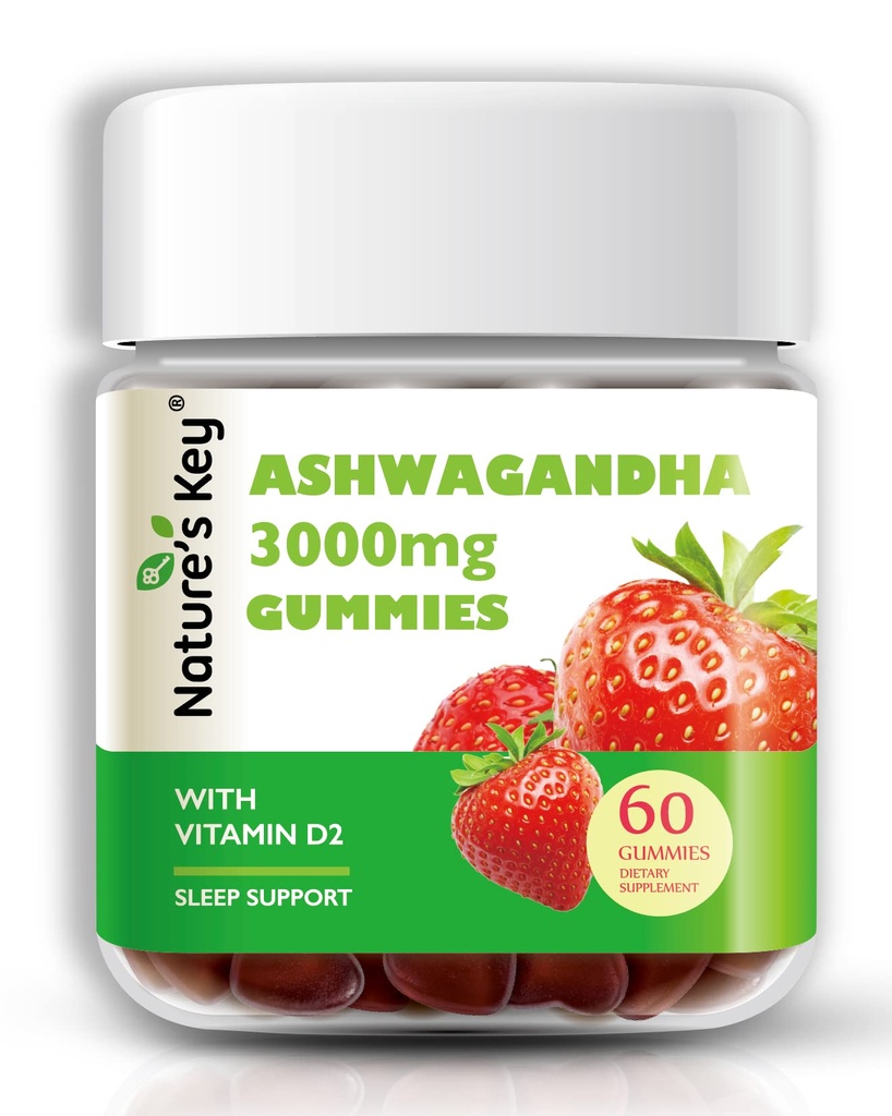 Nature's Key Ashwagandha Gummies, 3000 mg High Potency Ashwagandha Root Extract with Vitamin D2, Stres, Calm Mood & Cognition, for Men & Women, Strawberry Flavor (60 Kont)