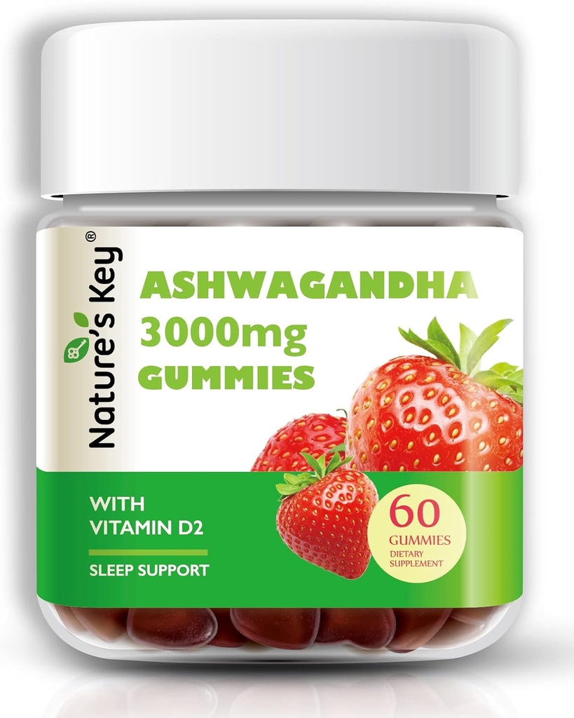 Nature's Key Ashwagandha Gummies, 3000mg High Potency Ashwagandha Root Extract with Vitamin D2, Stress, Calm Mood & Cognition, for Men & Women, Strawberry Flavor (60 Count of 1)