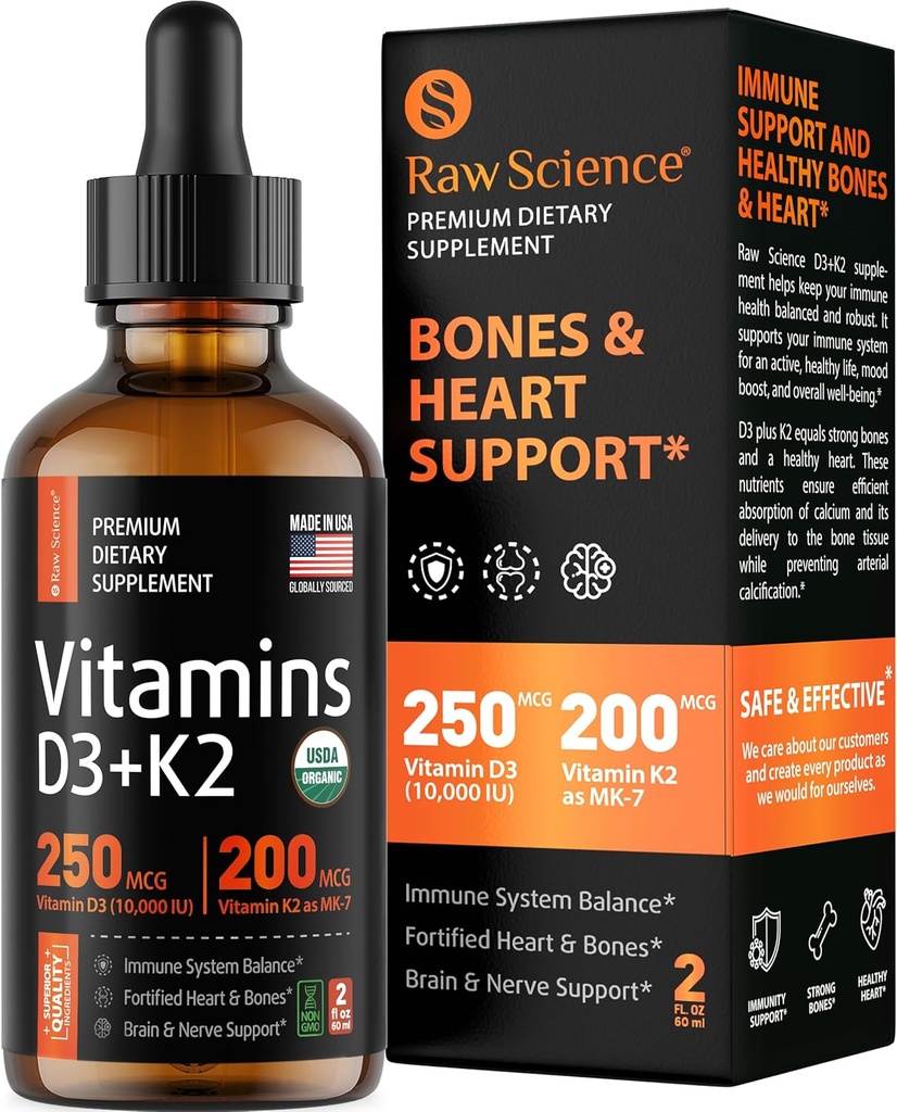Sıvı D3 K2 10000 iu & 200 mcg - MK7 Vitamin K2 Drops ile D vitamini - Kadınlar ve Erkekler için Kemik Irma Vitaminleri, Yüksek Apsiyon Vit K2 D3 Vitamin Tamam - 2 fl oz
