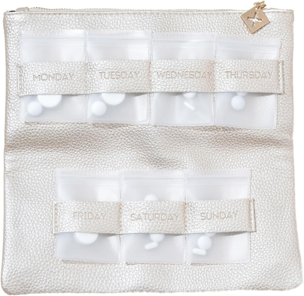 Dosey Gold Era 7Day Pill Purse - Vegan Deri Daily Pill Organizer - Luxury Travel Pouch, Airtight Pill Pockets for Medicine Storage & Protection - Şık Pill Sorter & Drug Organizer - Gold