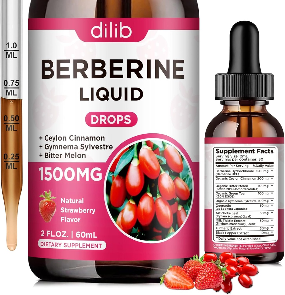 Berberine Supplement Liquid Drops - Berberine HCL 1500 mg with Ceylon Cinnamon, Bitter Melon, Gymnema Sylvestre for Immune, Digestion System & Heart Health, Natural Strawberry Flavor, 2 Fl Oz