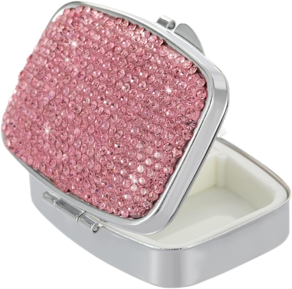 Pill Organizer Travel,Square Small Metal Pill Box Case,Compact Medicine Vitamini,Portable Pill gain Şişe for Women (Pink)