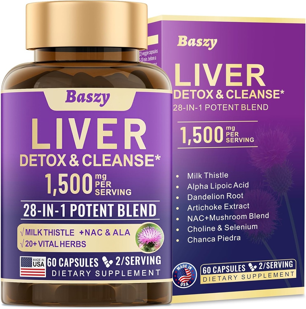 28-in-1 Liver Cleanse Detox & Tamir - 1500 mg Liver Health Support with Milk Thistle, Dandelion Root, Artichoke Extract, and 20+ Herbal Liver Support Supplements - Made in USA - 60 Capsules
