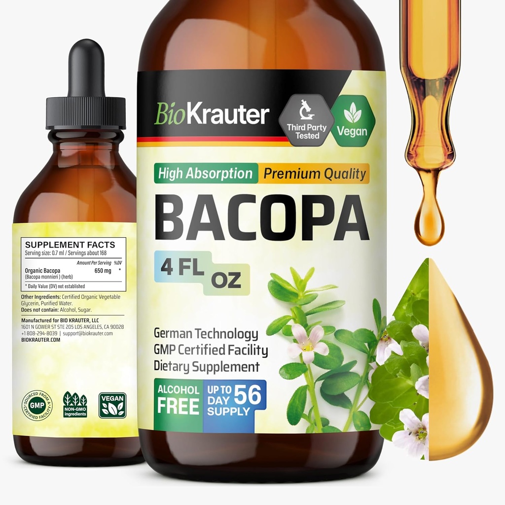 BIO KRAUTER Bacopa Monnieri συμπλήρωμα υγρό - Brain Support Brahmi - Αλκοόλ & Ζάχαρη Δωρεάν Υγρό Βότανο Bacopa Σταγόνες 4 Fl.Oz.