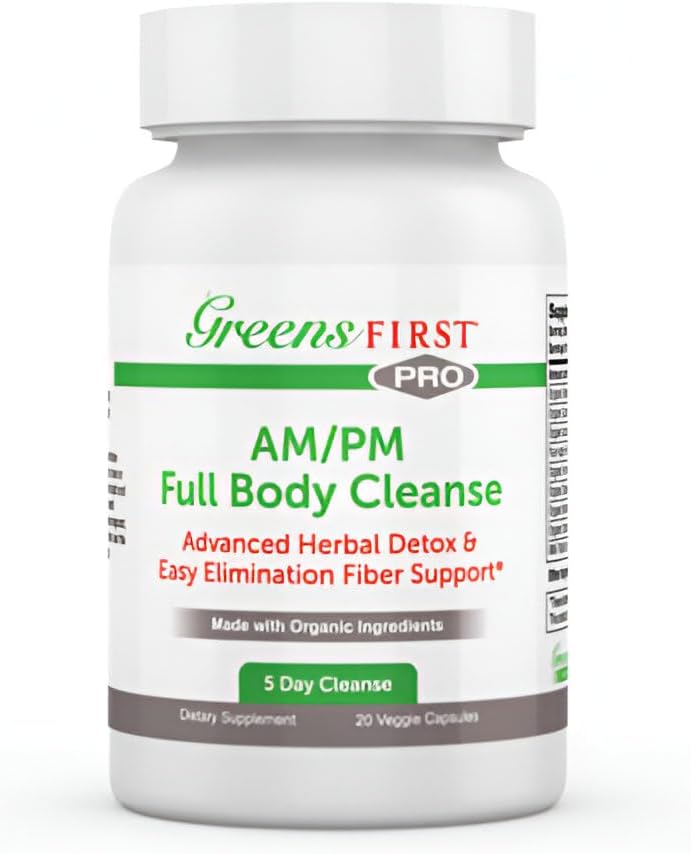 Greens First Full Body AM/PM Cleanse Supplement - For Natural Detox of Toxins - Full Intestinal & Constipation Relief - Digestive Health Capsule - 20 Veggie Capsules
