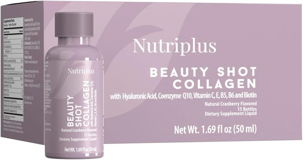 FARMASi Nutriplus Beauty Shot Collagen – Tip I & III Collagen with Hyaluronic Acid, Biotin & Vitamins, Sugar-Free Cranberry Flavor, 1.69 fl oz x 12 Shots