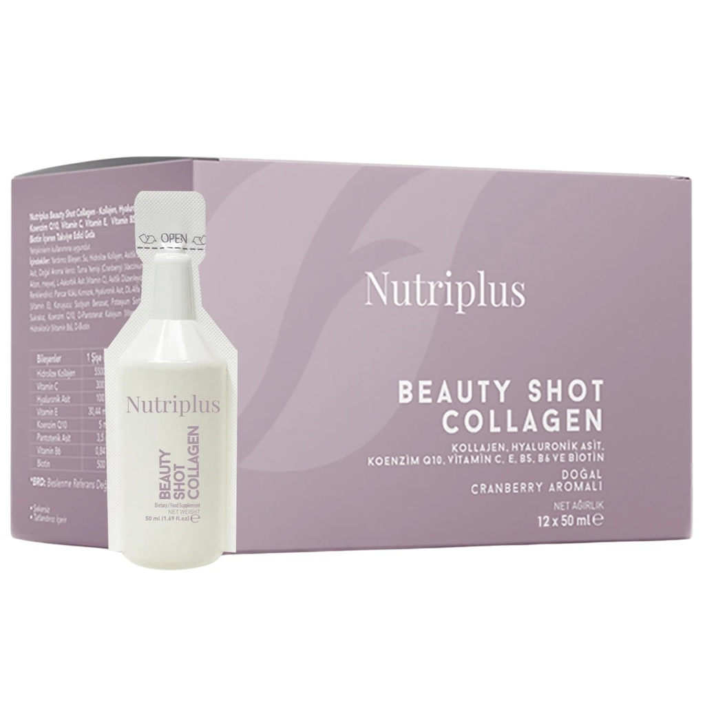 FARMASi Nutriplus Beauty Shot Collagen – Tip I & III Collagen with Hyaluronic Acid, Biotin & Vitamins, Sugar-Free Cranberry Flavor, 1.69 fl oz x 12 Shots