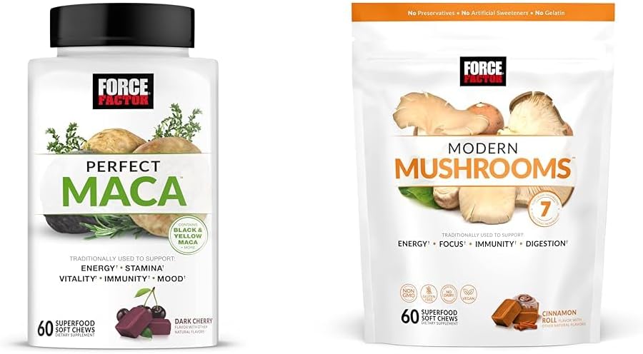Force Factor Maca & Mushroom Supplements with 7 Mushrooms, Maca Root, Vitamins, 60 Soft Chews Every